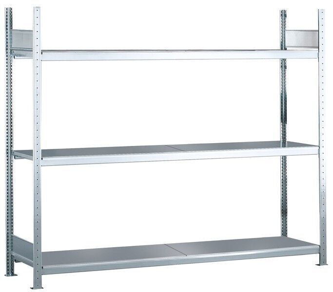 Grundregal, Weitspannregal WS 2000 mit Stahlböden, 2000 x 2000 x 600 mm (HxBxT), verzinkt, 3 Ebenen, Fachlast 400 kg, Feldlast 1.200 kg