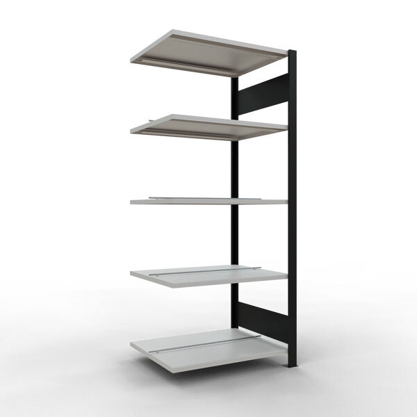 Anbauregal, Büro-Fachbodenregal Stecksystem MULTIplus150, 1800 x 750 x 600 mm (HxBxT), 5 Fachböden, Längenriegel, schwarz/RAL 7035 lichtgrau, mit Mittelanschlag