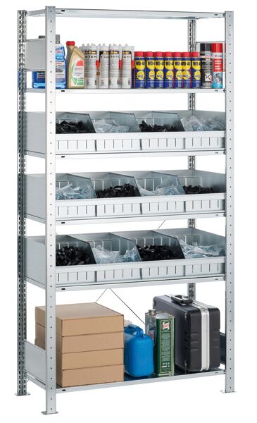 Grundregal, Kleinteileregal MULTIplus150, 2000 x 1000 x 500 mm (HxBxT), 6 Fachböden, 3 Ebenen mit Schüttgutmulden mit je 3 Trennblechen, verzinkt