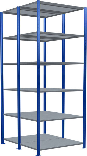 Grundregal, Doppelregal, Fachbodenregal Stecksysem MULTIplus250, 2500 x 1000 x (2x600) mm (HxBxT), 2x6 Fachböden, Längenriegel, RAL 5010 enzianblau/verzinkt