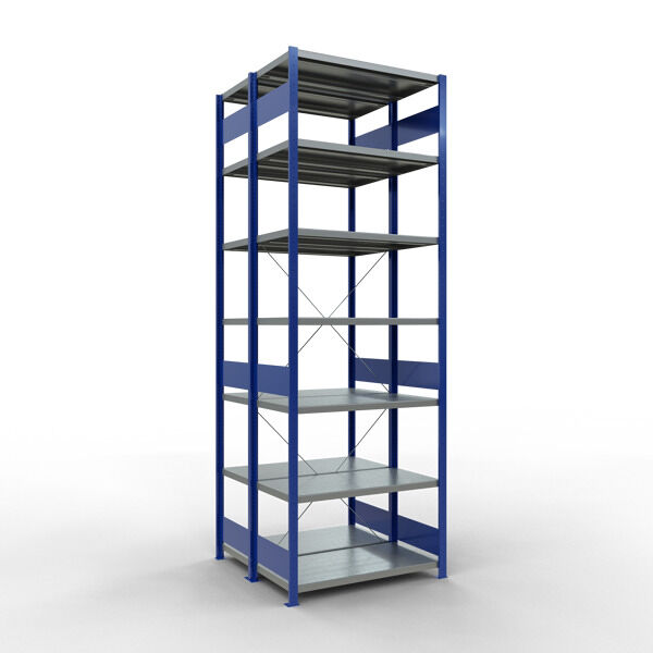 Grundregal, Doppelregal, Fachbodenregal Stecksysem MULTIplus250, 3000 x 1000 x (2x500) mm (HxBxT), 2x7 Fachböden, Kreuzstrebe, RAL 7035 lichtgrau