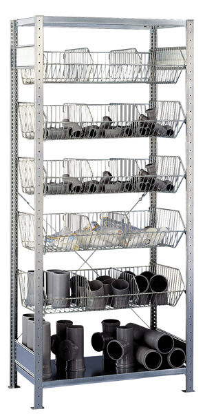 Grundregal, Drahtgitterkorbregal MULTIplus150, 2300 x 1000 x 500 mm (HxBxT), verzinkt, 2 Fachböden, 5 Stück Drahtgitterkörbe