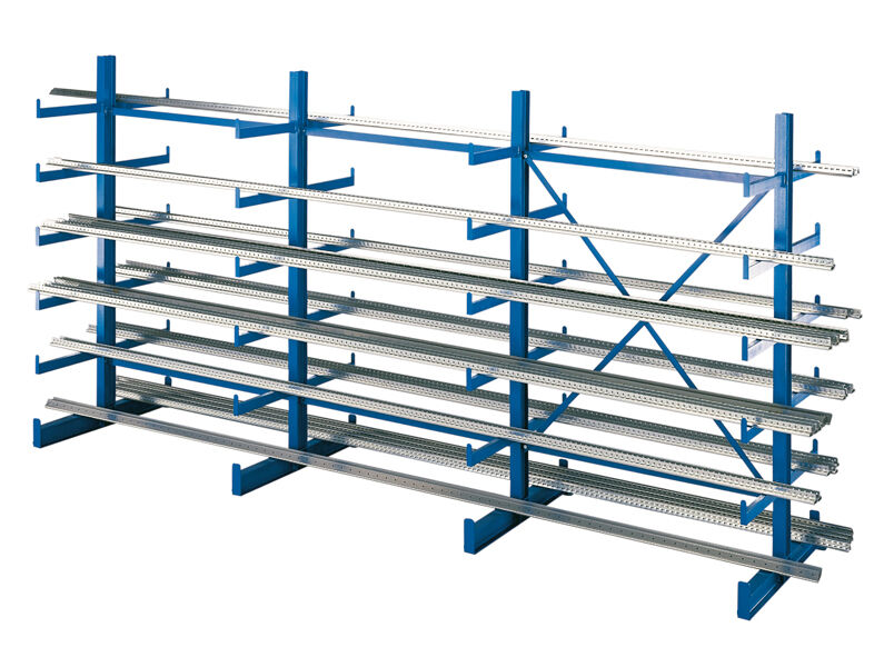 K 1000 Kragarmregal-Set, doppelseitig, 2000 x 3750 x 2x500, RAL 5010 enzianblau, Tragkraft je anm: 200 kg, Tragkraft gesamt einschließlich Fußebene: 4.800 kg