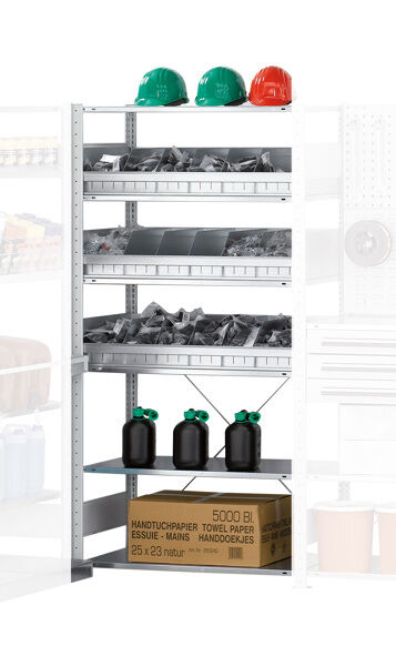 AR, Regalmodul M2, 2000 x 1000 x 500 mm, RAL 7035 lichtgrau/verzinkt, 6 MULTIplus150-Fachböden, 3 Stück Schüttgutmulden mit insgesamt 15 Trennblechen
