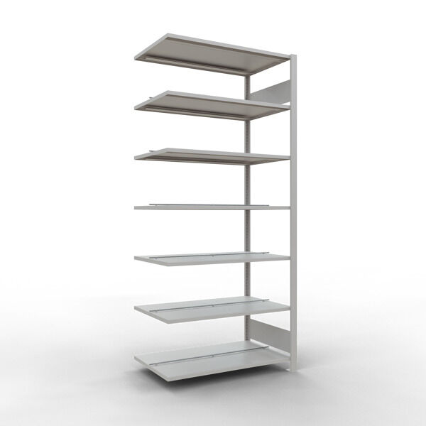 Anbauregal, Büro-Fachbodenregal Stecksystem MULTIplus150, 2300 x 1000 x 600 mm (HxBxT), 7 Fachböden, Längenriegel, RAL 7035 lichtgrau, mit Mittelanschlag