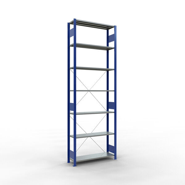 Grundregal, Fachbodenregal Stecksystem MULTIplus85, 3000 x 1000 x 300 mm (HxBxT), 7 Fachböden, Kreuzstrebe, RAL 5010 enzianblau