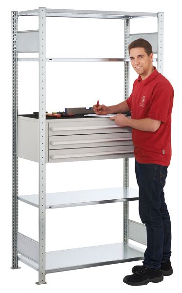 Grundregal, Schubladenregal MULTIplus150, 2000 x 1000 x 500 mm (HxBxT), 4 MULTIplus150-Fachböden, 1 Stück 3er Schubladenset, verzinkt