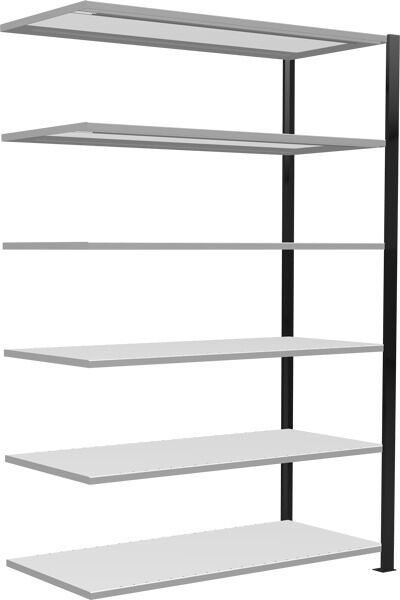 Anbauregal, Büro-Fachbodenregal Stecksystem MULTIplus150, 2000 x 1300 x 600 mm (HxBxT), 6 Fachböden, Längenriegel, schwarz/RAL 7035 lichtgrau, mit Mittelanschlag