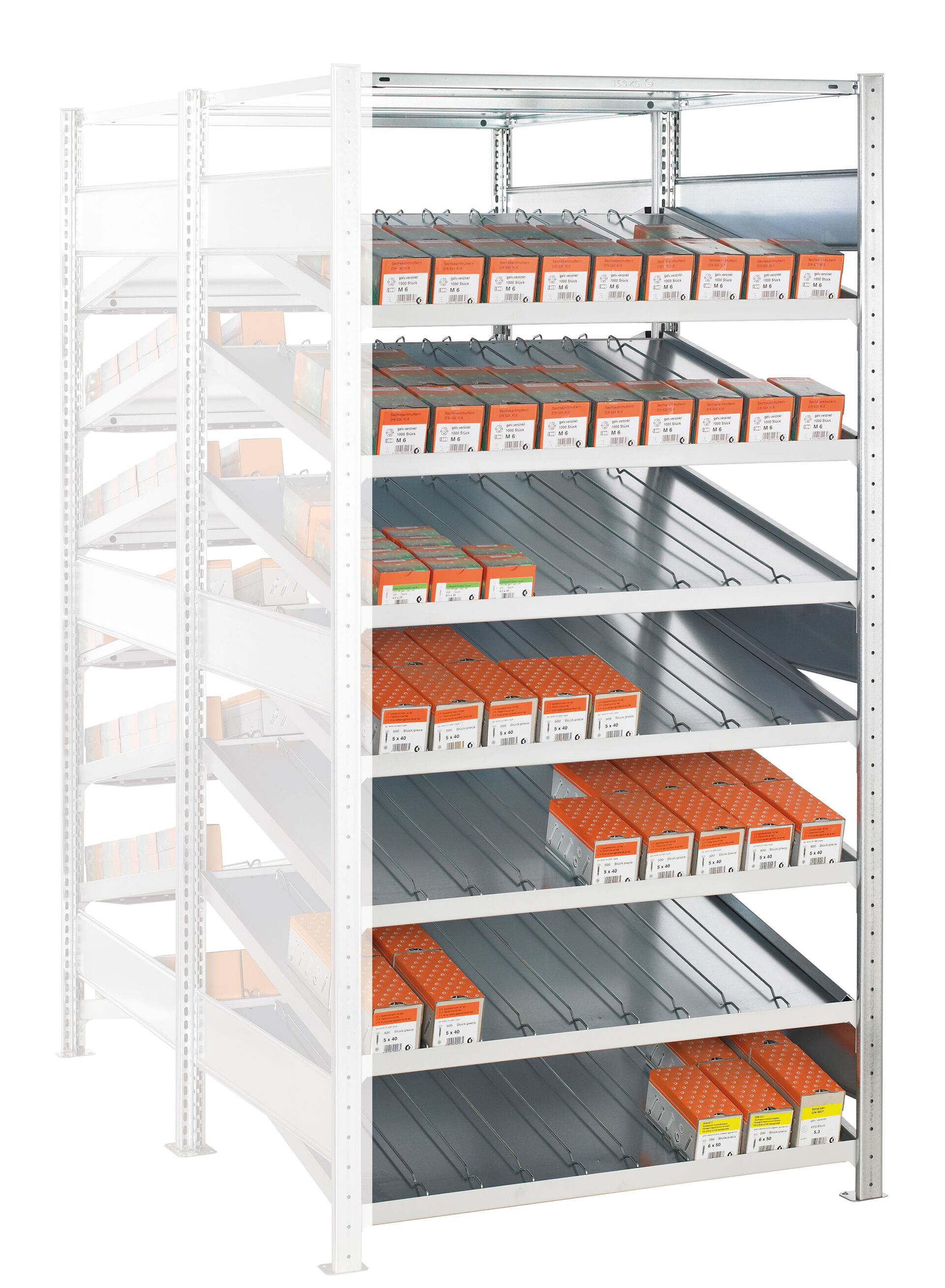 Anbauregal, Doppel-Kanbanregal MULTIplus150, 2000 x 1300 x 2x500 mm (HxBxT), verzinkt, 2x(7+1) Fachböden, ohne Trenn- und Seitenführungen