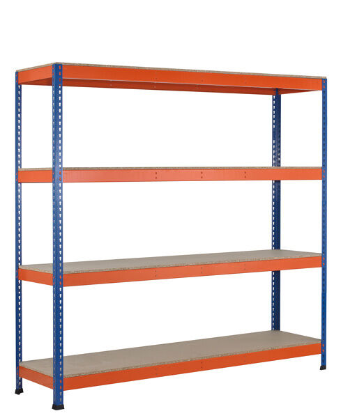 GR, Weitspannregal Z1 mit Spanplatten, 2438 x 2146 x 621 mm, blau/orange/verzinkt, 4 Ebenen, Fachlast 577 kg, Feldlast 2.800 kg