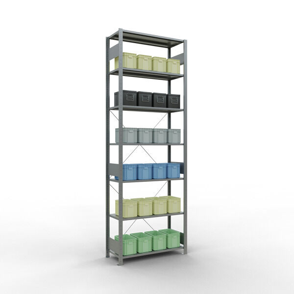 Grundregal, Fachbodenregal Stecksystem MULTIplus150, 3000 x 1000 x 400 mm (HxBxT), 7 Fachböden, Kreuzstrebe, verzinkt