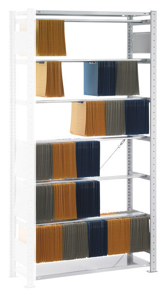 Anbauregal, Steck-Pendelhefterregal Zippel, 2000 x 750 x 350 mm (HxBxT), RAL 7035 lichtgrau, 6 Pendelstangen