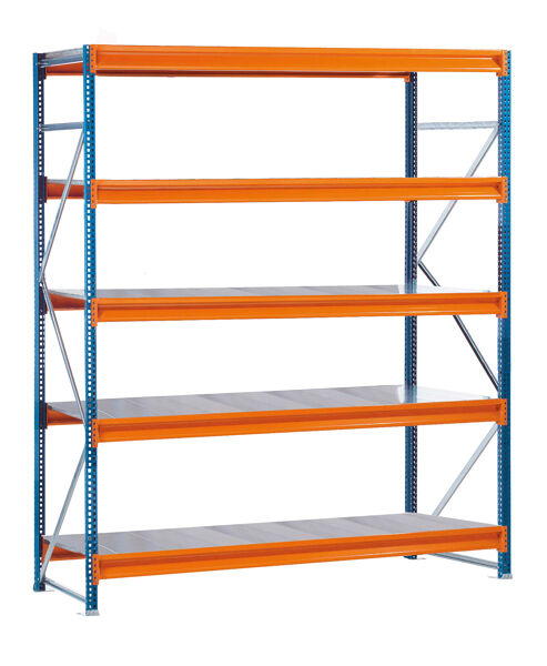 GR, Weitspannregal mit Stahlpaneelen W 100, 3000 x 2140 x 1200 mm, blau/orange/verzinkt, 5 Ebenen, Fachlast 668 kg