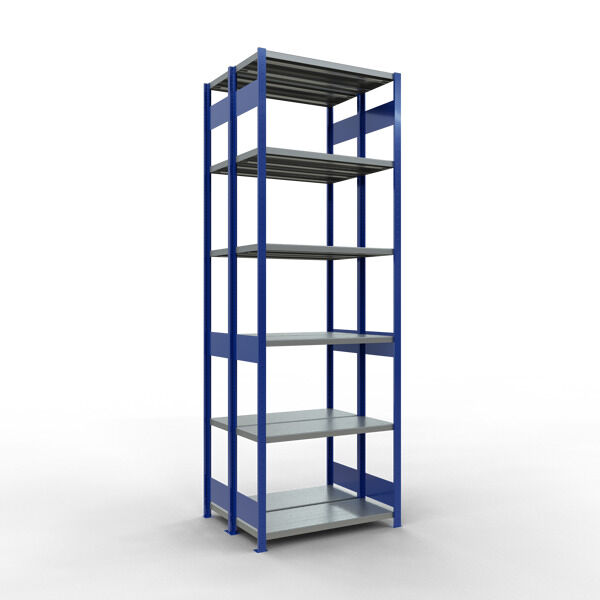 Grundregal, Doppelregal, Fachbodenregal Stecksysem MULTIplus250, 3000 x 1000 x (2x400) mm (HxBxT), 2x7 Fachböden, Längenriegel, RAL 5010 enzianblau/verzinkt