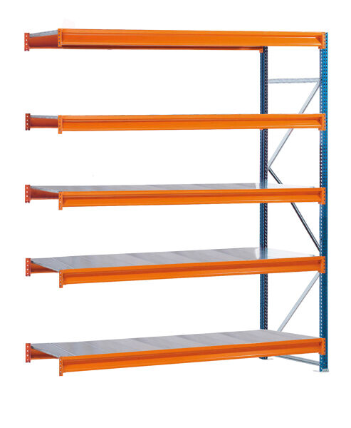AR, Weitspannregal mit Stahlpaneelen W 100, 3000 x 2500 x 1200 mm, blau/orange/verzinkt, 5 Ebenen, Fachlast 780 kg