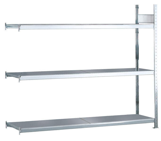 Anbauregal, Weitspannregal WS 2000 mit Stahlböden, 2000 x 1500 x 600 mm (HxBxT), verzinkt, 3 Ebenen, Fachlast 400 kg, Feldlast 1.200 kg