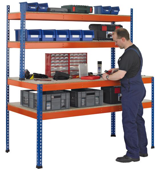 Z1-Packtisch mit Lagerebene und Regalaufsatz, 1981 x 1536 x 773/316 mm, blau/orange