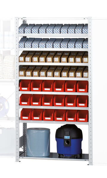 GR, Regalmodul M5, 2000 x 1000 x 500 mm, RAL 7035 lichtgrau/verzinkt, 7 schräge MULTIplus150-Fachböden, 2 gerade MULTIplus150-Fachböden, 49 Trennführungen