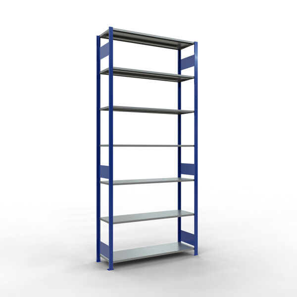 Grundregal, Fachbodenregal Stecksystem MULTIplus150, 3000 x 1300 x 400 mm (HxBxT), 7 Fachböden, Längenriegel, RAL 5010 enzianblau/verzinkt