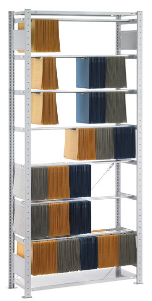 Grundregal, Steck-Pendelhefterregal Elba/Leitz, 2300 x 750 x 350 mm (HxBxT), RAL 7035 lichtgrau, 7 Pendelstangen