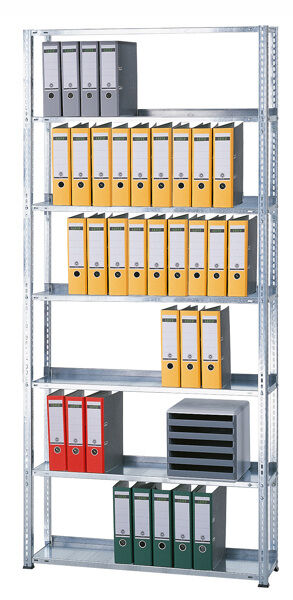 Grundregal, Büro-Fachbodenregal Schraubsystem MULTIplus85, 2300 x 750 x 300 mm (HxBxT), 6 Fachböden, verzinkt, mit Anschlagleiste