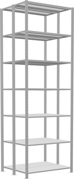 Grundregal, Doppelregal, Fachbodenregal Stecksysem MULTIplus150, 3000 x 1000 x (2x400) mm (HxBxT), 2x7 Fachböden, Längenriegel, RAL 7035 lichtgrau