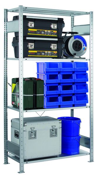 Grundregal, Fachbodenregal Stecksystem MULTIplus150-Set, 2000 x 1000 x 500 mm (HxBxT), 4 Fachböden, Kreuzstrebe, verzinkt