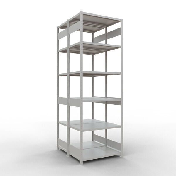 Grundregal, Doppelregal, Fachbodenregal Stecksysem MULTIplus250, 3000 x 1000 x (2x600) mm (HxBxT), 2x7 Fachböden, Längenriegel, RAL 7035 lichtgrau