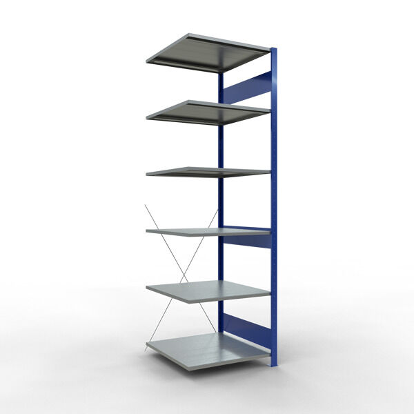 Anbauregal, Fachbodenregal Stecksystem MULTIplus150, 2500 x 750 x 800 mm (HxBxT), 6 Fachböden, Kreuzstrebe, RAL 5010 enzianblau/verzinkt/verzinkt