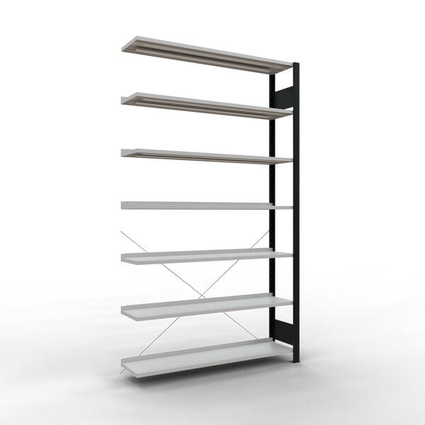 Anbauregal, Büro-Fachbodenregal Stecksystem MULTIplus85, 2300 x 1300 x 300 mm (HxBxT), 7 Fachböden, Kreuzstrebe, schwarz/RAL 7035 lichtgrau, mit Anschlagleiste