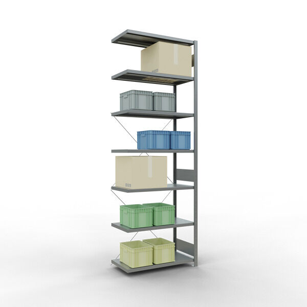 Anbauregal, Fachbodenregal Stecksystem MULTIplus250, 3000 x 1000 x 500 mm (HxBxT), 7 Fachböden, Kreuzstrebe, verzinkt