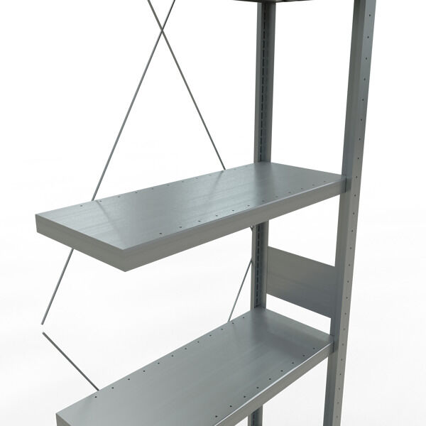 Anbauregal, Fachbodenregal Stecksystem MULTIplus250, 3000 x 750 x 300 mm (HxBxT), 7 Fachböden, Kreuzstrebe, verzinkt