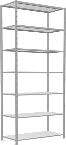Grundregal, Fachbodenregal Stecksystem MULTIplus250, 3000 x 1300 x 600 mm (HxBxT), 7 Fachböden, Längenriegel, RAL 7035 lichtgrau
