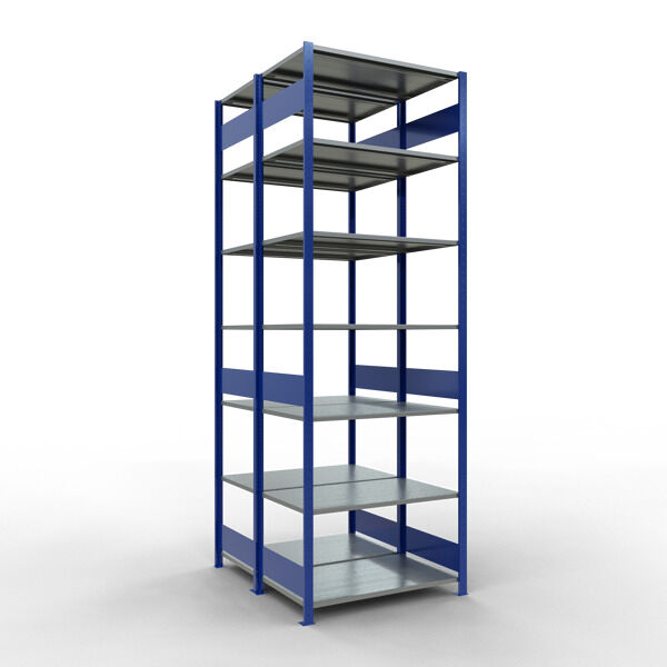 Grundregal, Doppelregal, Fachbodenregal Stecksysem MULTIplus150, 3000 x 1000 x (2x600) mm (HxBxT), 2x7 Fachböden, Längenriegel, RAL 5010 enzianblau/verzinkt