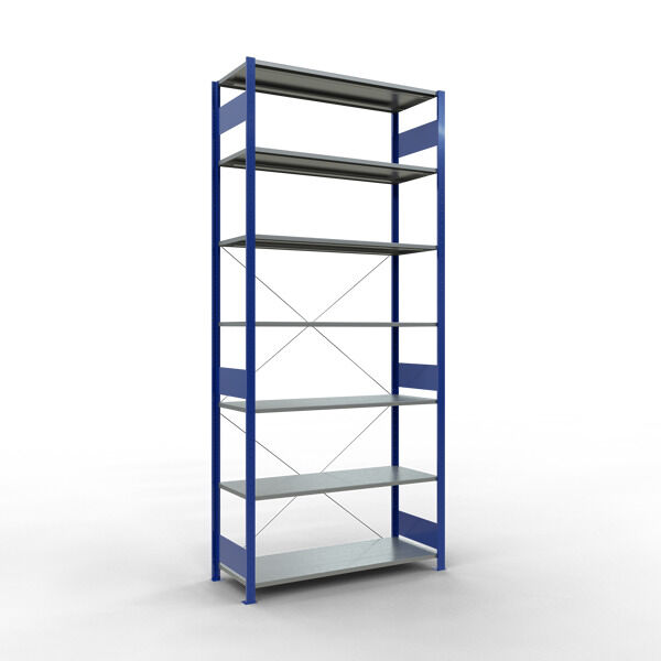 Grundregal, Fachbodenregal Stecksystem MULTIplus150, 3000 x 1300 x 500 mm (HxBxT), 7 Fachböden, Kreuzstrebe, RAL 5010 enzianblau/verzinkt