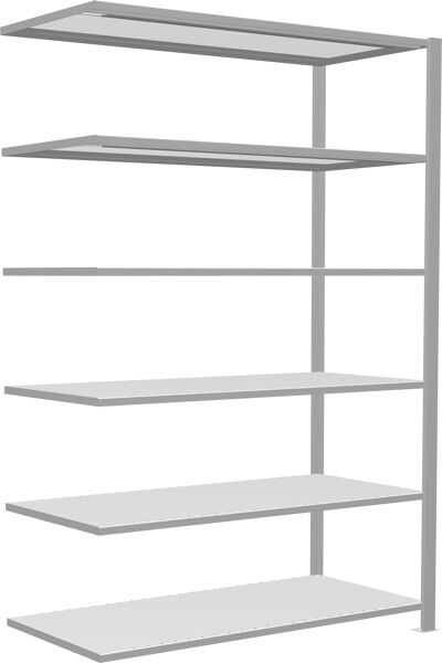 Anbauregal, Büro-Fachbodenregal Stecksystem MULTIplus150, 2000 x 1300 x 600 mm (HxBxT), 6 Fachböden, Längenriegel, RAL 7035 lichtgrau, mit Mittelanschlag