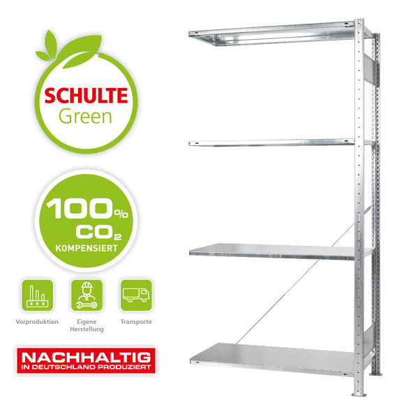 Anbauregal, SCHULTE Green Fachbodenregal Stecksystem MULTIplus150-Set, 2000 x 1000 x 500 mm (HxBxT), 4 Fachböden, Kreuzstrebe, verzinkt