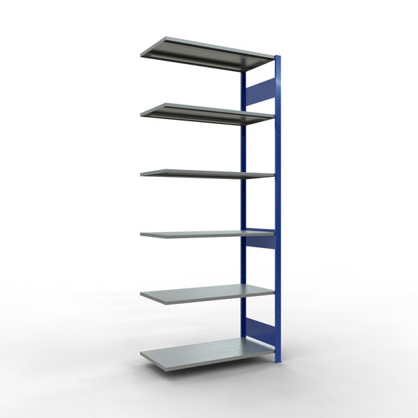 Anbauregal, Fachbodenregal Stecksystem MULTIplus85, 2500 x 1000 x 500 mm (HxBxT), 6 Fachböden, Längenriegel, RAL 5010 enzianblau