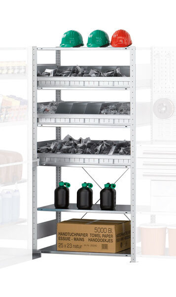 GR, Regalmodul M2, 2000 x 1000 x 500 mm, RAL 7035 lichtgrau/verzinkt, 6 MULTIplus150-Fachböden, 3 Stück Schüttgutmulden mit insgesamt 15 Trennblechen