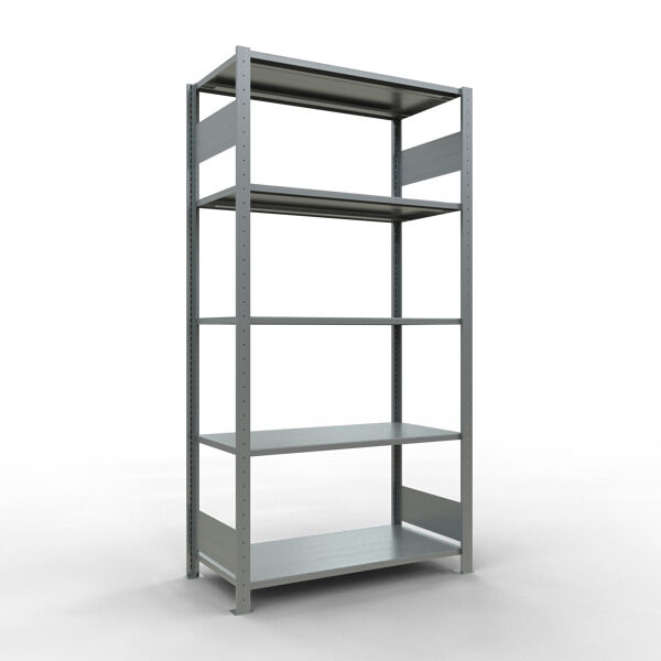 Grundregal, Fachbodenregal Stecksystem MULTIplus85, 2000 x 1000 x 500 mm (HxBxT), 5 Fachböden, Längenriegel, verzinkt