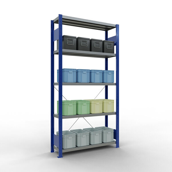 Grundregal, Fachbodenregal Stecksystem MULTIplus250, 2000 x 1000 x 300 mm (HxBxT), 5 Fachböden, Kreuzstrebe, RAL 5010 enzianblau/verzinkt