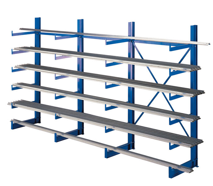 K 1000 Kragarmregal-Set, einseitig, 2000 x 3750 x 500, RAL 5010 enzianblau, Tragkraft je anm: 200 kg, Tragkraft gesamt einschließlich Fußebene: 4.800 kg