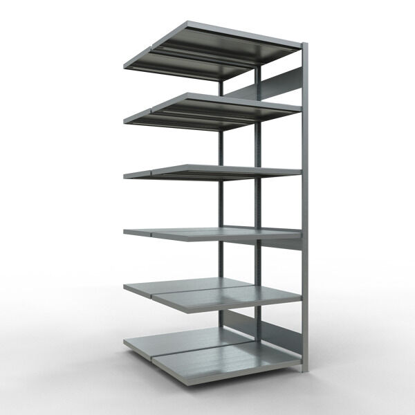 Anbauregal, Doppelregal, Fachbodenregal Stecksysem MULTIplus250, 2500 x 1000 x (2x600) mm (HxBxT), 2x6 Fachböden, Längenriegel, verzinkt