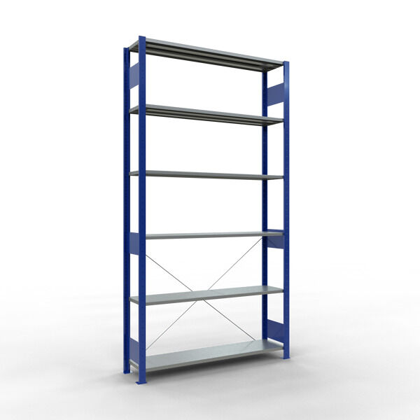 Grundregal, Fachbodenregal Stecksystem MULTIplus150, 2500 x 1300 x 300 mm (HxBxT), 6 Fachböden, Kreuzstrebe, RAL 5010 enzianblau/verzinkt
