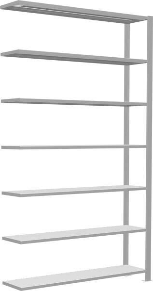 Anbauregal, Büro-Fachbodenregal Stecksystem MULTIplus85, 2300 x 1300 x 300 mm (HxBxT), 7 Fachböden, Kreuzstrebe, RAL 7035 lichtgrau, mit Anschlagleiste