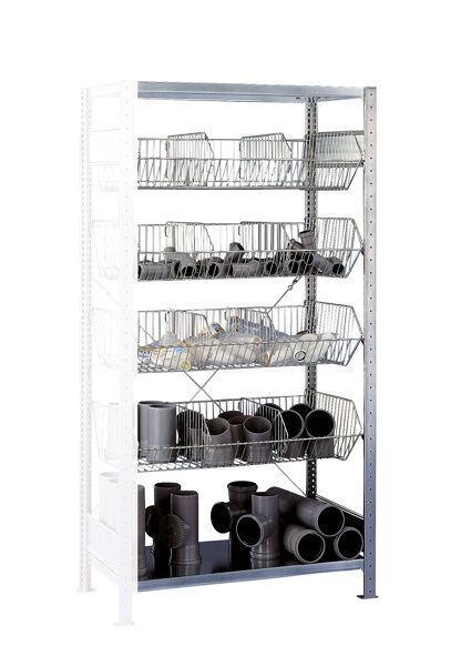 Anbauregal, Drahtgitterkorbregal MULTIplus150, 2000 x 1000 x 500 mm (HxBxT), verzinkt, 2 Fachböden, 4 Stück Drahtgitterkörbe