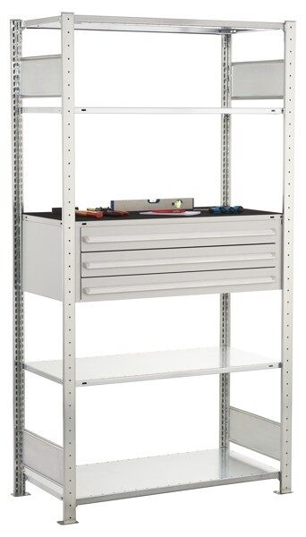 Grundregal, Schubladenregal MULTIplus150, 2000 x 1000 x 500 mm (HxBxT), 4 MULTIplus150-Fachböden, 1 Stück 3er Schubladenset, verzinkt