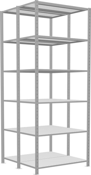 Grundregal, Doppelregal, Fachbodenregal Stecksysem MULTIplus250, 2500 x 1000 x (2x500) mm (HxBxT), 2x6 Fachböden, Längenriegel, RAL 7035 lichtgrau