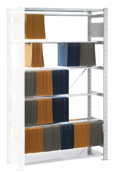 Anbauregal, Steck-Pendelhefterregal Zippel, 1800 x 750 x 350 mm (HxBxT), RAL 7035 lichtgrau, 5 Pendelstangen
