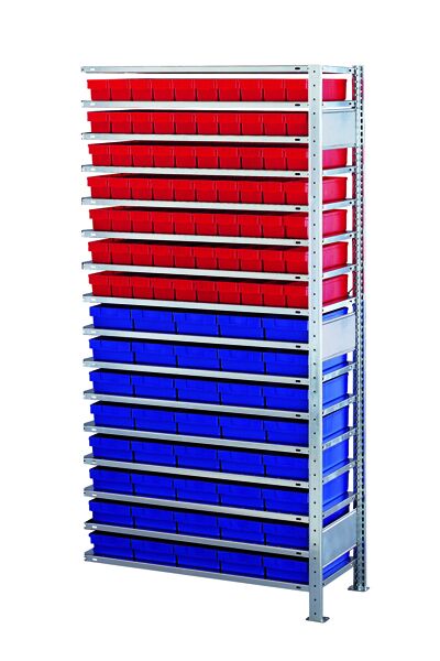 AR, Kleinteileregal-Set 2 MULTIplus150, 2000 x 1000 x 300 mm, verzinkt, 16 Fachböden, 70 Regalkästen 83x93x300 mm rot, 40 Regalkästen 83x186x300 mm blau